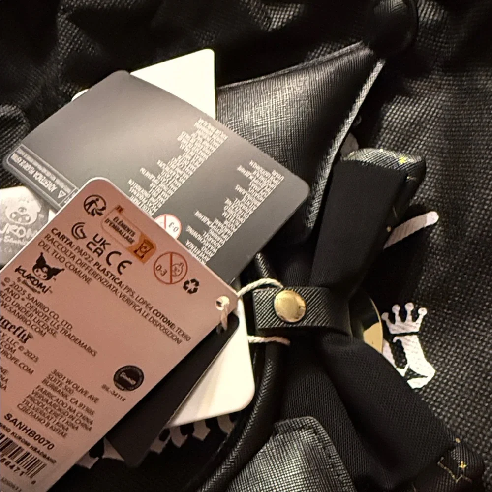 Loungefly Kuromi Black Faux-Leather Cat Ear Headband with Pink Skull Bow - Picture 4 of 7